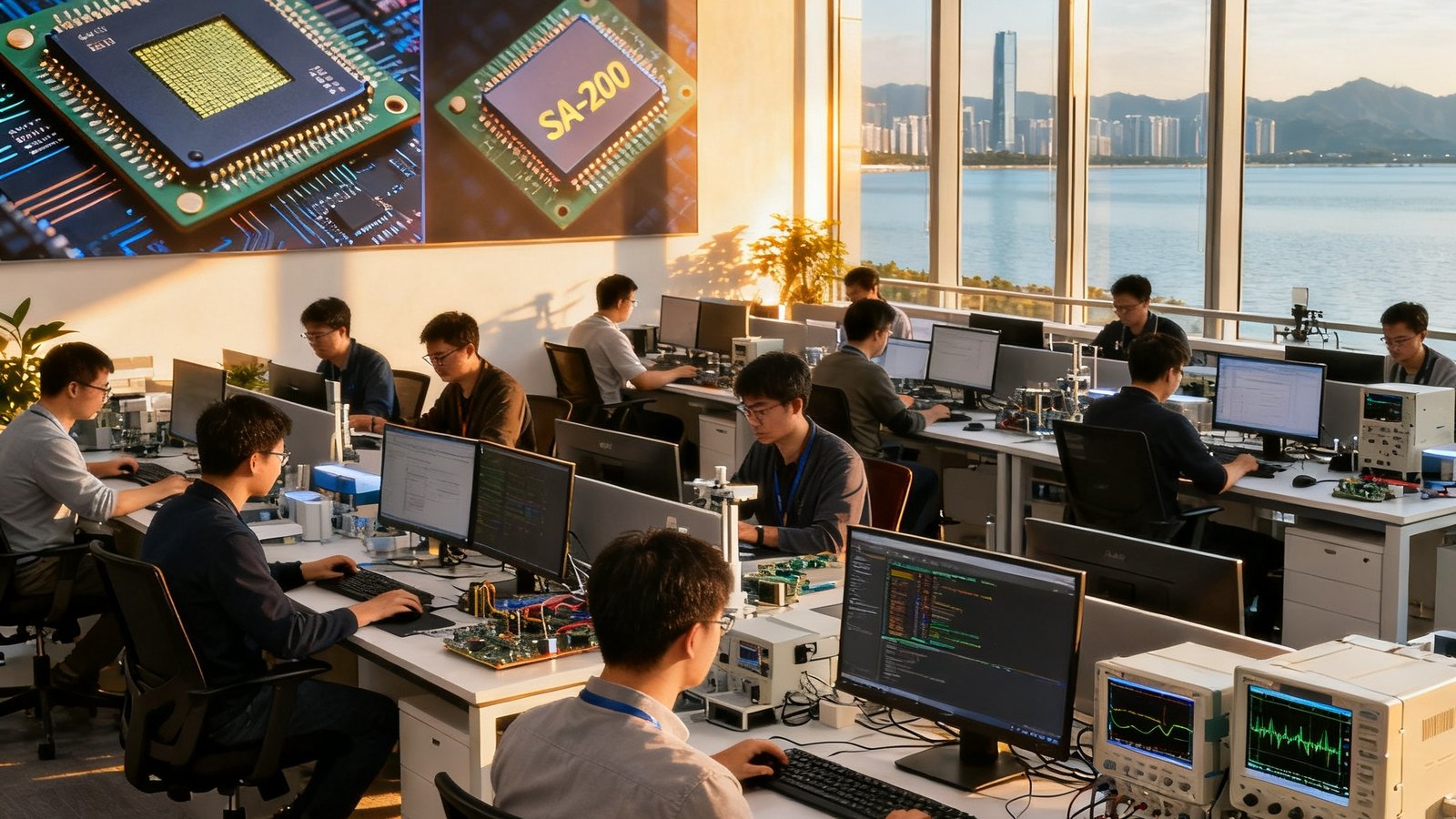 SA视讯深圳南山科技园研发中心办公场景，开放式工位上数十位算法工程师和硬件架构师正在协作，墙上挂着SA-100和SA-200芯片的晶圆放大图，实验室区域可见示波器和测试设备，透过落地窗可看到深圳湾的远景，阳光洒入营造出专注而创新的氛围。
