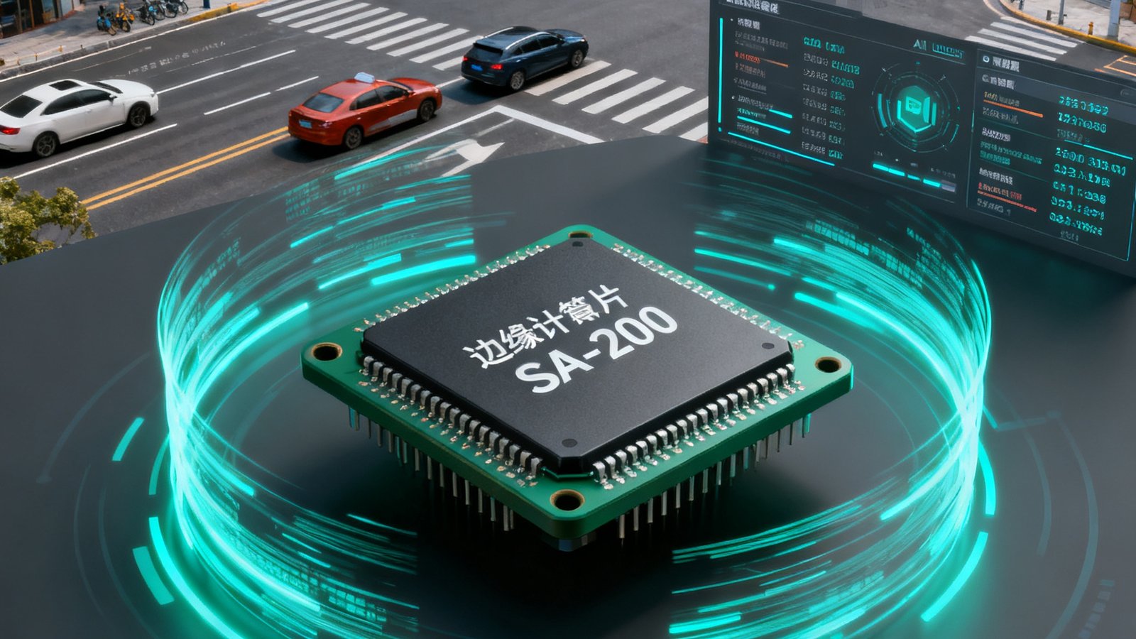 展示SA视讯平台5G智慧城市视觉智能方案的渲染图，画面中央是一块边缘计算芯片SA-200的特写，背景为城市交通路口的实时视频分析界面，数据流以光带形式环绕芯片，体现低延迟AI推理与5G传输的融合，色调为深灰与青绿渐变，科技感强烈。